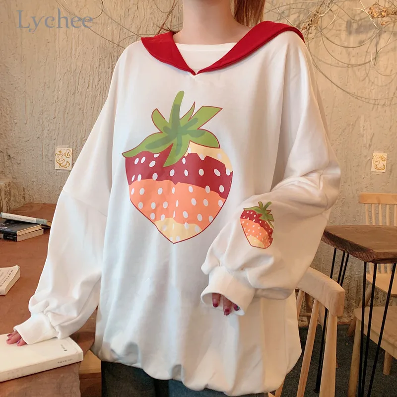 Lychee, Harajuku, клубника, Женские флисовые кофты, матросский воротник, свободные женские пуловеры, хлопок, весна, осень, зима, женские топы