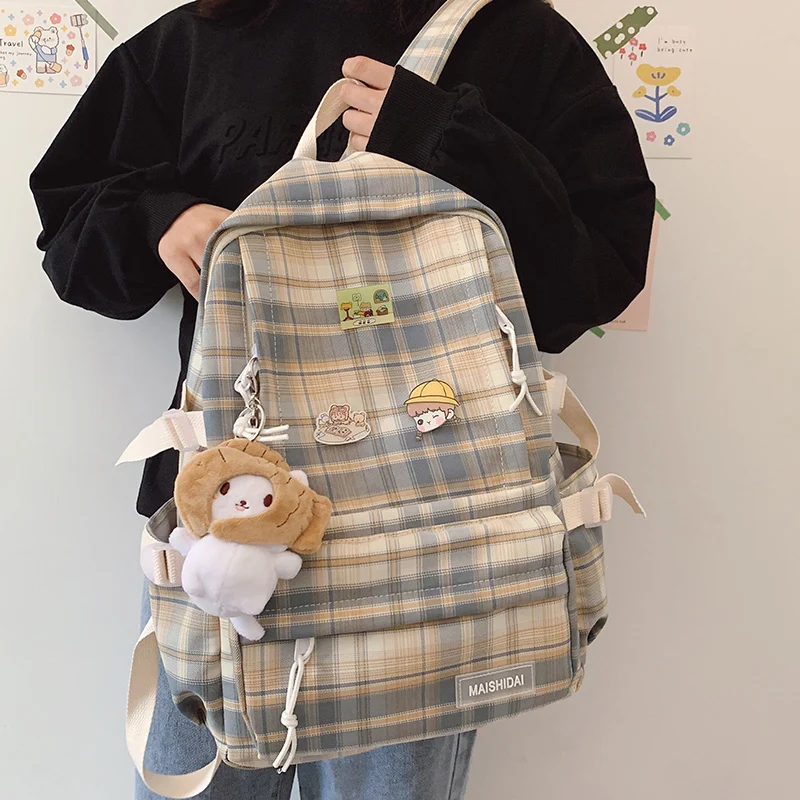 Plaid Backpack Schoolbag Travel-Bag Campus Stripe-Style Large-Capacity Japanese Waterproof