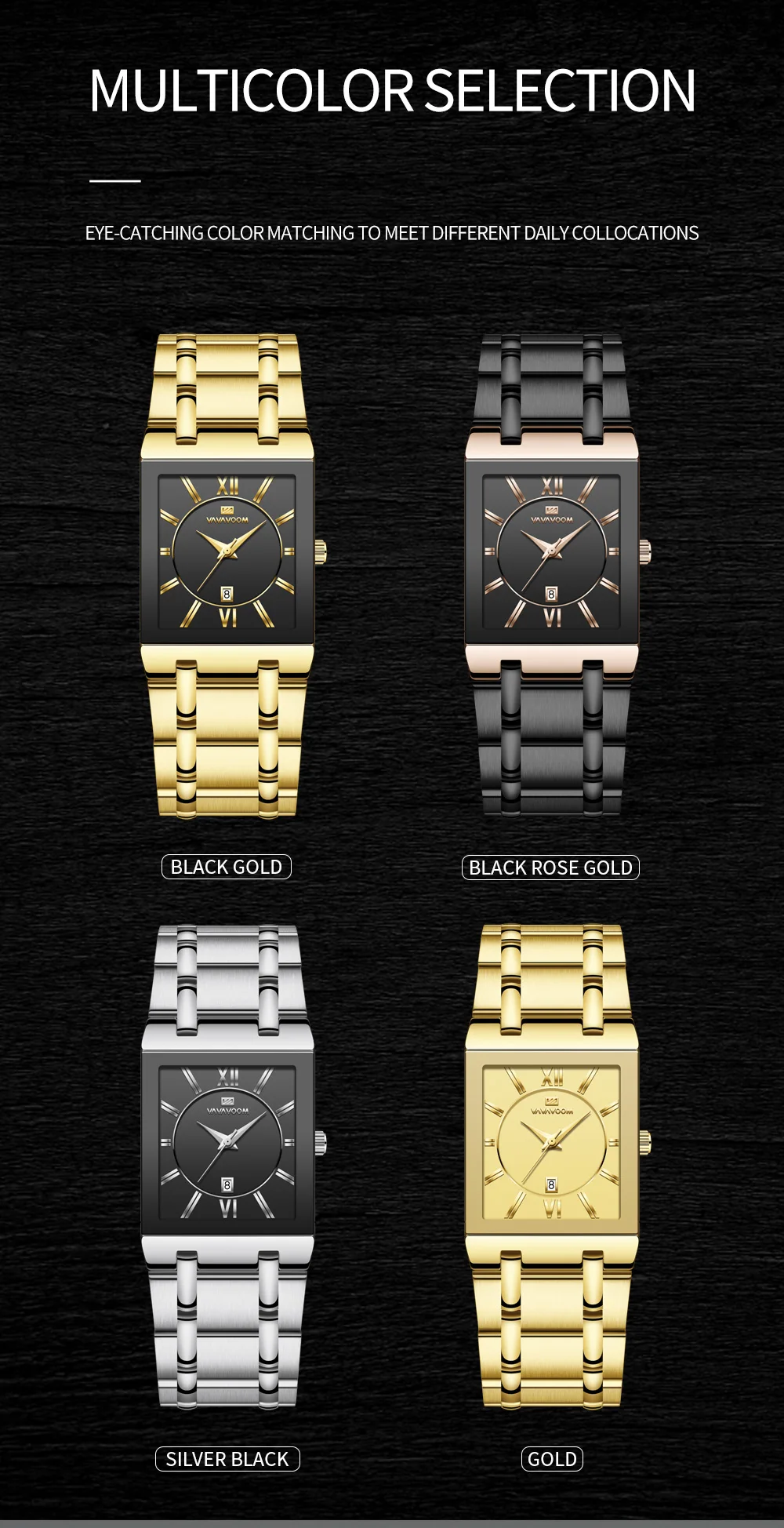 2022 Men Business Watch Simple Design Luxury Fashion Rectangular Gold Stainless Steel Calendar Waterproof Quartz Men's Watches