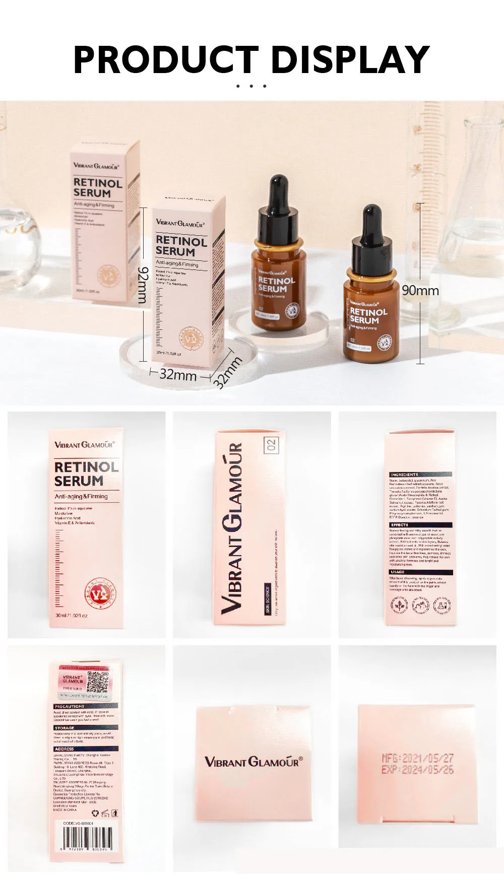 VIBRANT GLAMOUR Retinol Serum Anti Wrinkle Firming Lifting Improve Fine Lines Brighten Whiten Shrink Pores Anti Aging Skin Care