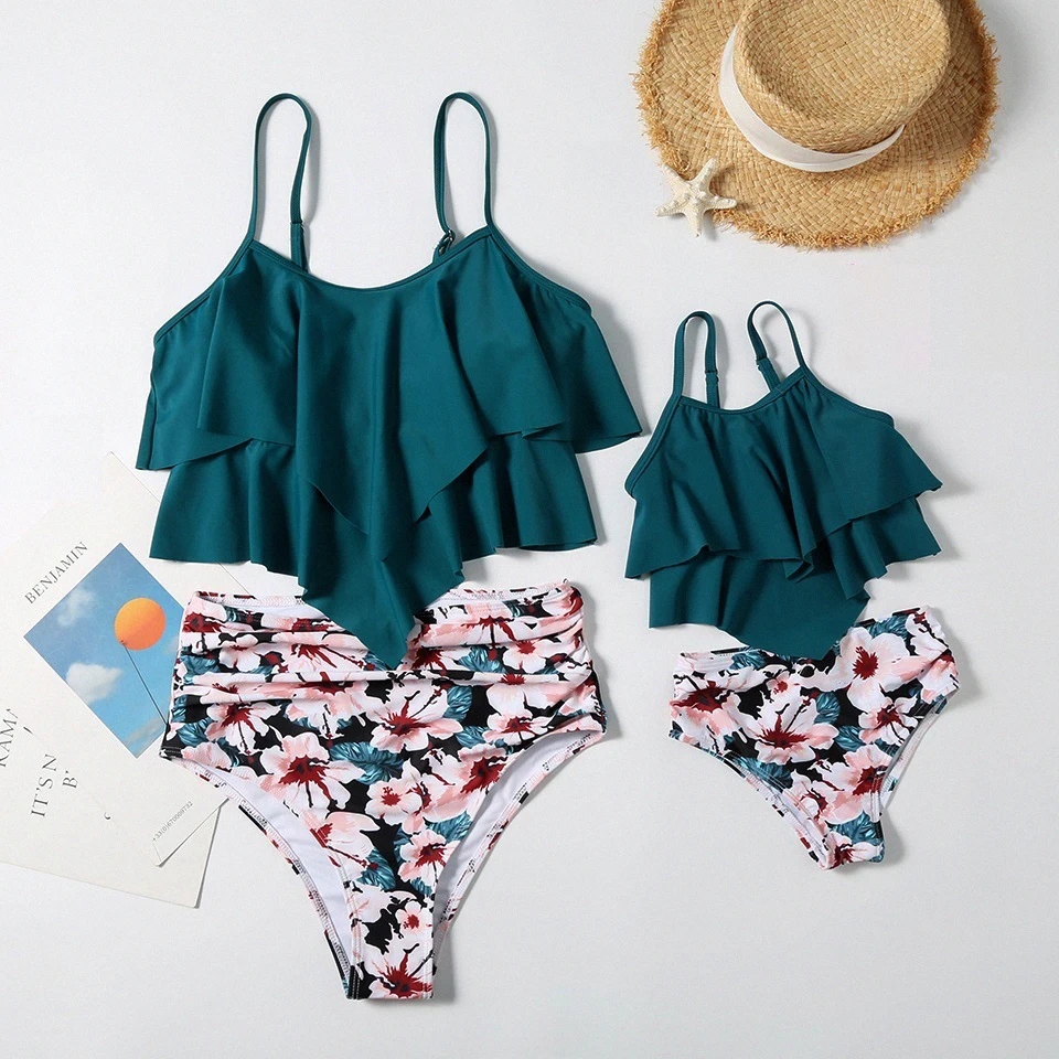 Bañador a juego para madre e hija, ropa de baño de cintura alta con flores, ropa de playa con volantes
