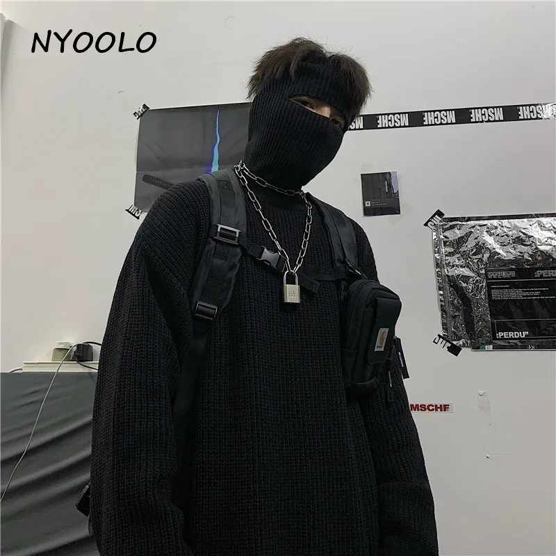 NYOOLO Harajuku стиль сплошной цвет утолщаются теплый водолазка вязаный свитер Осень Зима Свободный пуловер свитер для женщин мужчин топы - Цвет: Черный