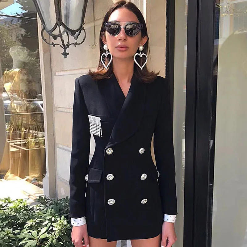 

2018 Early Autumn New Style Black And White with Pattern Drilling Double Row Buttons Suit Formal Dress Flashing Cuff with Brooch