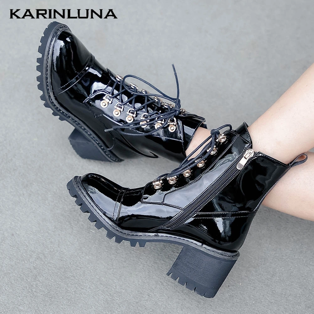 

Karinluna 2019 Brand New Nature Cow Leather Fashion Shoelaces Woman Shoes Boots Women Patent Leather Ankle Boots Female