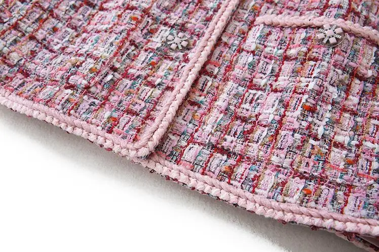 High Quality Women Pink Tweed Jacket Coat Runway Winter Ladies Long Sleeve Single Breasted Plaid Jackets Weave Female Outerwear