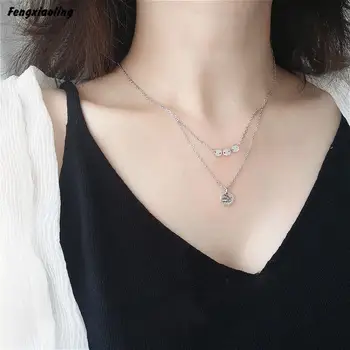 

Fengxiaoling 100% Genuine 925 Sterling Silver Double Layer Vintage Letter Cute Round Pendant Necklaces For Women Fine Jewelry
