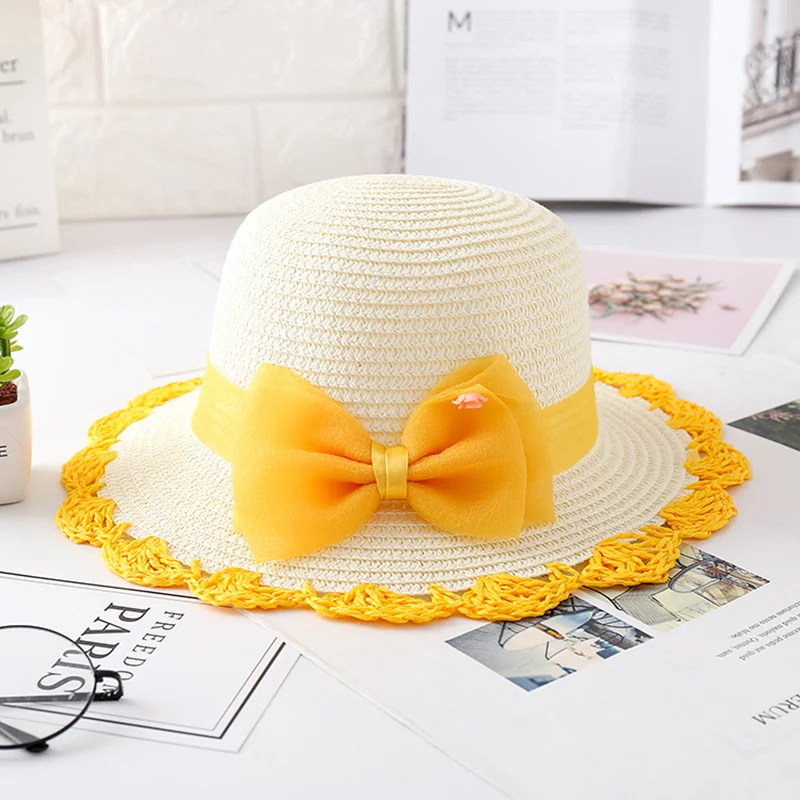 white&yellow Детская летняя соломенная шляпа бантом защита от солнечных лучей на пляже зонтик шляпы для девочек-OPK - Цвет: white&yellow