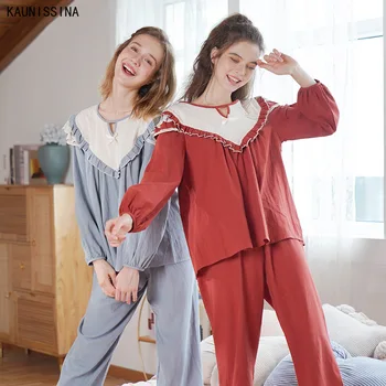 

Women's 100% Cotton Long-Sleeved Sleepwear Pajamas Set Women Autumn Lace Bow Cute Princess Pajama Nightwear Suit Female Homewear