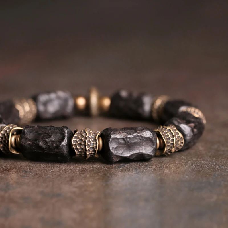 Hand Processed Strip Ebony Bracelet Ebony Bracelet Do Old Hammered Copper Concave Convex Texture Black Wood Jewelry Men Women Individual Bangle