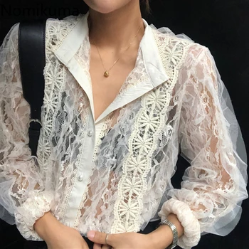 

Nomikuma Korean Hook Hollow-out Lace Shirt Single Breasted Long Sleeve Women Blouse 2020 Vintage Causal Blusas Tops Femme 3Z522