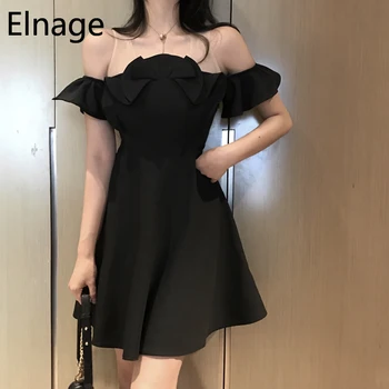 

Elnage Korean Fashion Flower Buds Off The Shoulder Summer Black Dress Chiffon Retro Short Sleeve Vestidos Women Clothes 5A349