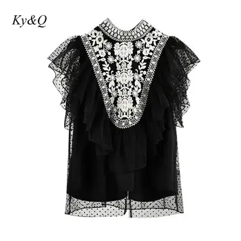 

Design 2020 Summer Women Sexy Embroidery Mesh Black Stand-up Collar Ruffles Sleeve Lace Shirt Vintage Luxury Clothes