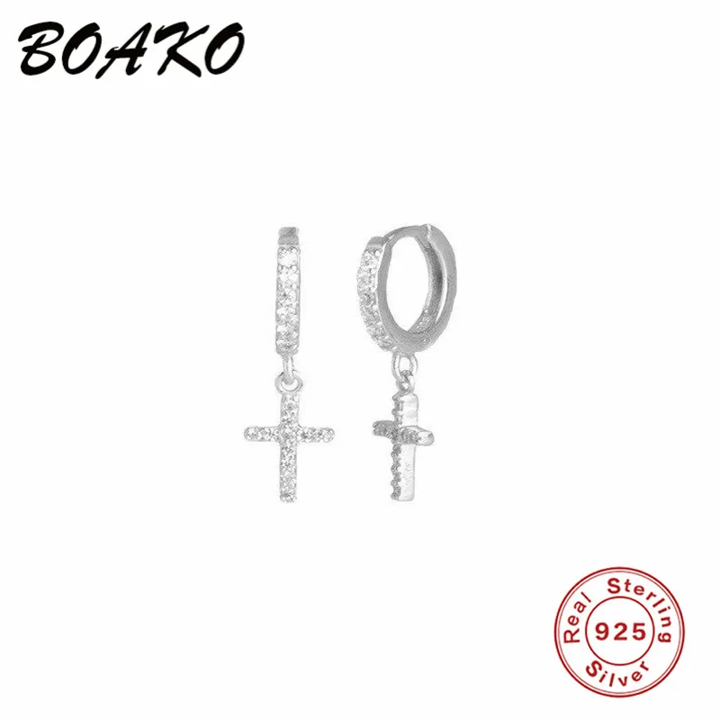 BOAKO Панк CZ Крест серьги-гвоздики с подвеской для женщин модные ювелирные изделия пендиентс Mujer 925 серебряные серьги корейские серьги