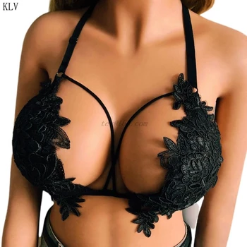 

Womens Halter V-Neck Cross Strappy Bralette Embroidered Floral Applique Black Bustier Hollow Open Cup Backless Lingerie Crop Top