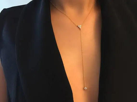 2020 925 Sterling silver simple long chain lariat necklace triangle round cz charm Y shaped minimal deilcate dainty women style