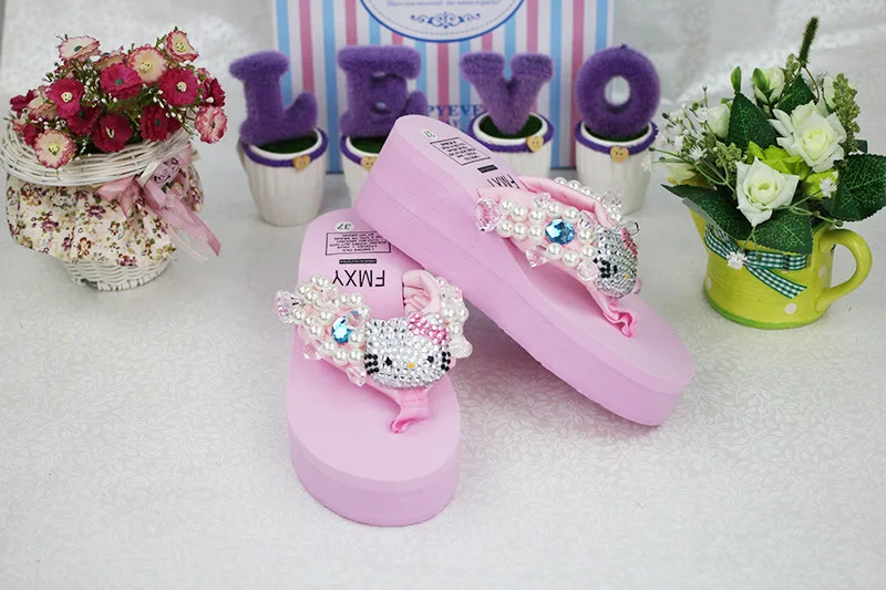 Leisure Shoes Online Lady Sewing Pearl Womens Beach Slippers Fashion High Heel Platform Wedge Flip Flops50
