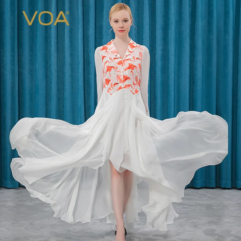 

VOA30 M/M Heavyweight Silk Lapel Long Sleeve Red Maple Leaf White Perspective Long Sleeve Ruffled Irregular Dress AE373