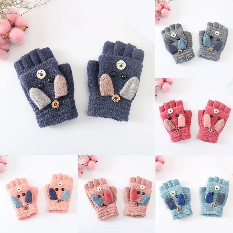 

1 Pairs Half-Finger Gloves Imitation Cashmere Winter Warm Soft Thicken Lovely Animal Warm Mittens Kids Cartoon Knitted Gloves