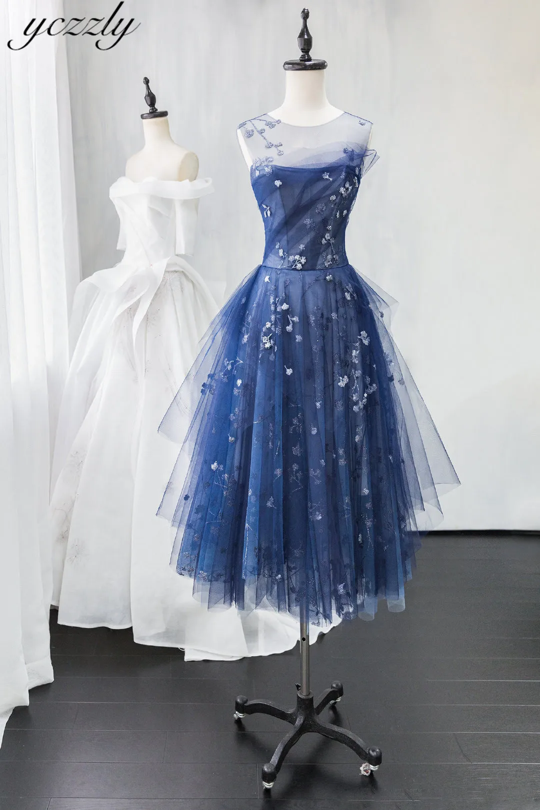 Vestidos De Festa De Noche! Модное платье с О-образным вырезом и вышитая ткань с синим бисером блестками с украшением в виде кристаллов Короткие Выпускной Вечеринка платье Чай Длина вечерние платья Y39