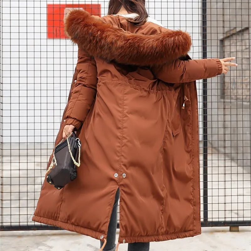 Tide Vogue модная женская Повседневная Длинная зимняя куртка высокого качества с меховым капюшоном теплая верхняя одежда однотонная приталенная куртка с карманами