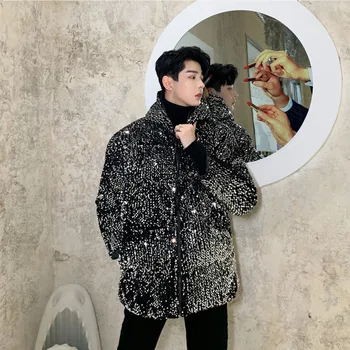 

Winter Thickened Bright Parka Men's Warm Fashion Casual Hooded Coat Men Streetwear Wild Loose Hip Hop Performance Jacket Mens