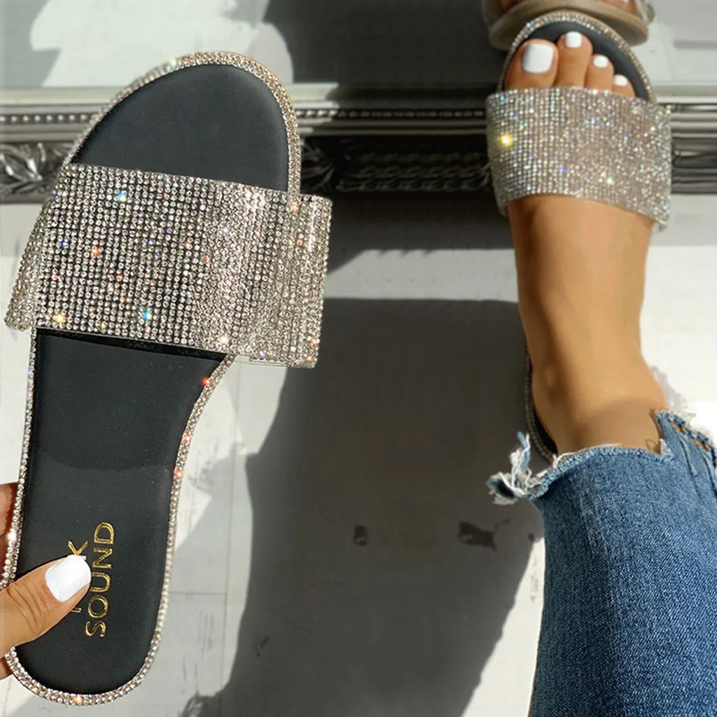 Для женщин сандалии с украшением в виде кристаллов на плоской подошве в римском стиле тапочки Повседневное пляжа в закрытом помещении и на открытом воздухе обувь тапочки домашние женские обувь женская