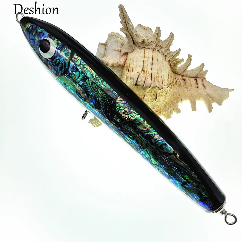 

Deshion Wooden Lure Abalone Shell Stickbait 70g Trolling Fishing Lure Tuna Handmade Wood Popper Lure for Sea Fishing