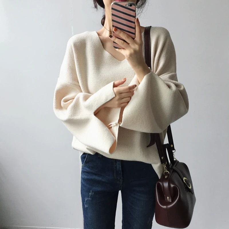 

2 colors korean chic style autumn and Winter solid color flare sleeve thick knitted Sweater and pullovers womens (C8946)