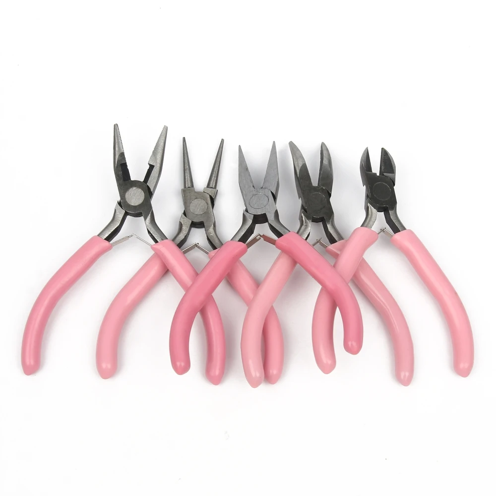 5pcs/Set Pink Stainless Steel Pliers Cutter Insulated Clamping Tip Plier Tools for Jewelry Making Supplies Diy Craft Accessories