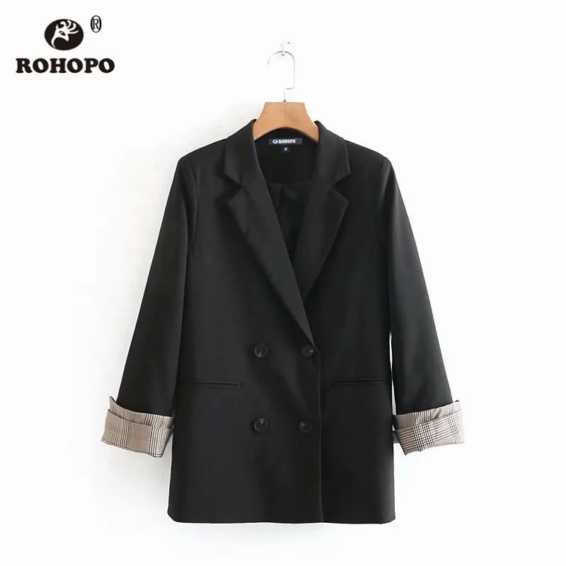 

ROHOPO Double Breast Buttons Woman Chic Black Blazer Notched Ladies Slim Outwear #1013