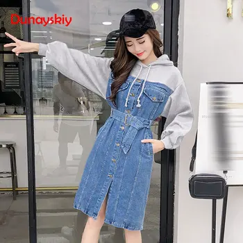

Hooded Denim Dress Women 2020 New Fashionable Streetwear Cotton Jeans Patchwork Autumn Hoodie Dress Single Button Jeans Dresses