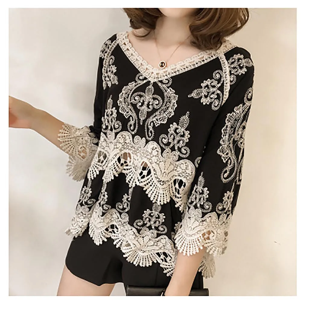 

Womens Chiffon Blouse Elegant Womens Ladies Easy Medium Long Sleeves Big V- Neck Lace Flowe Blouse 7.31