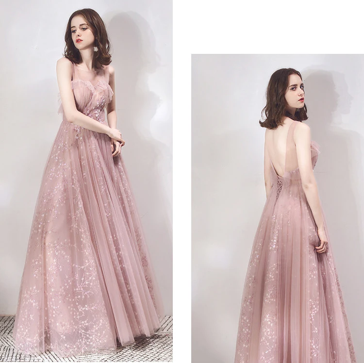 SSYFashion Новое милое романтическое розовое вечернее платье без рукавов Аппликации блёстками длиной до пола Длинные вечерние платья для выпускного вечера Robe De Soiree