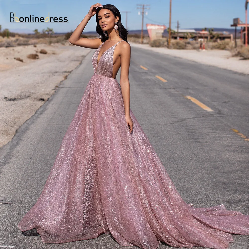 Sparkly Pink Prom Dress Sequined Long 