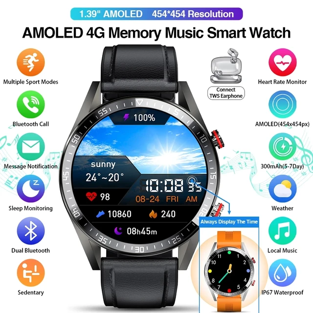 2021 New 454*454 Screen Smart Watch Always Display The Time Bluetooth Call Local Music Smartwatch For Mens Android TWS Earphones 2