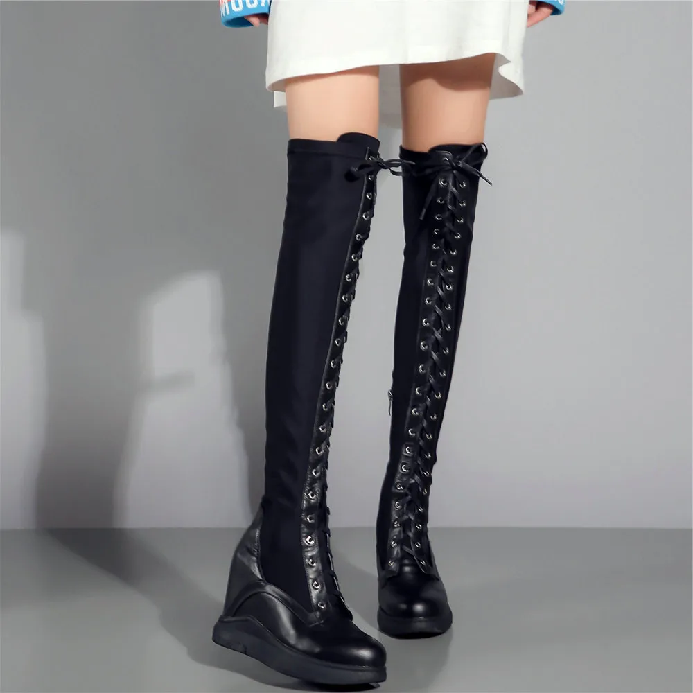 2021 Platform Pumps Shoes Women Genuine Leather Wedges High Heel Over The Knee Boots Female Stretchy Thigh High Fashion Sneakers