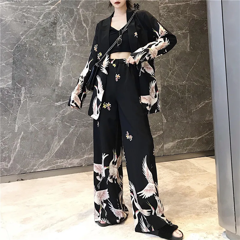 

Photo Shoot Crane Printed Suit Collar + High Waist Wide-Leg Trousers-Style Set