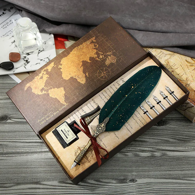 

BECODE Luxury Fountain Pen Set Vintage Sprinkling Gold Feather Pen Student Calligraphy Writing Dip Pen Birthday gift 5 Nib Quill
