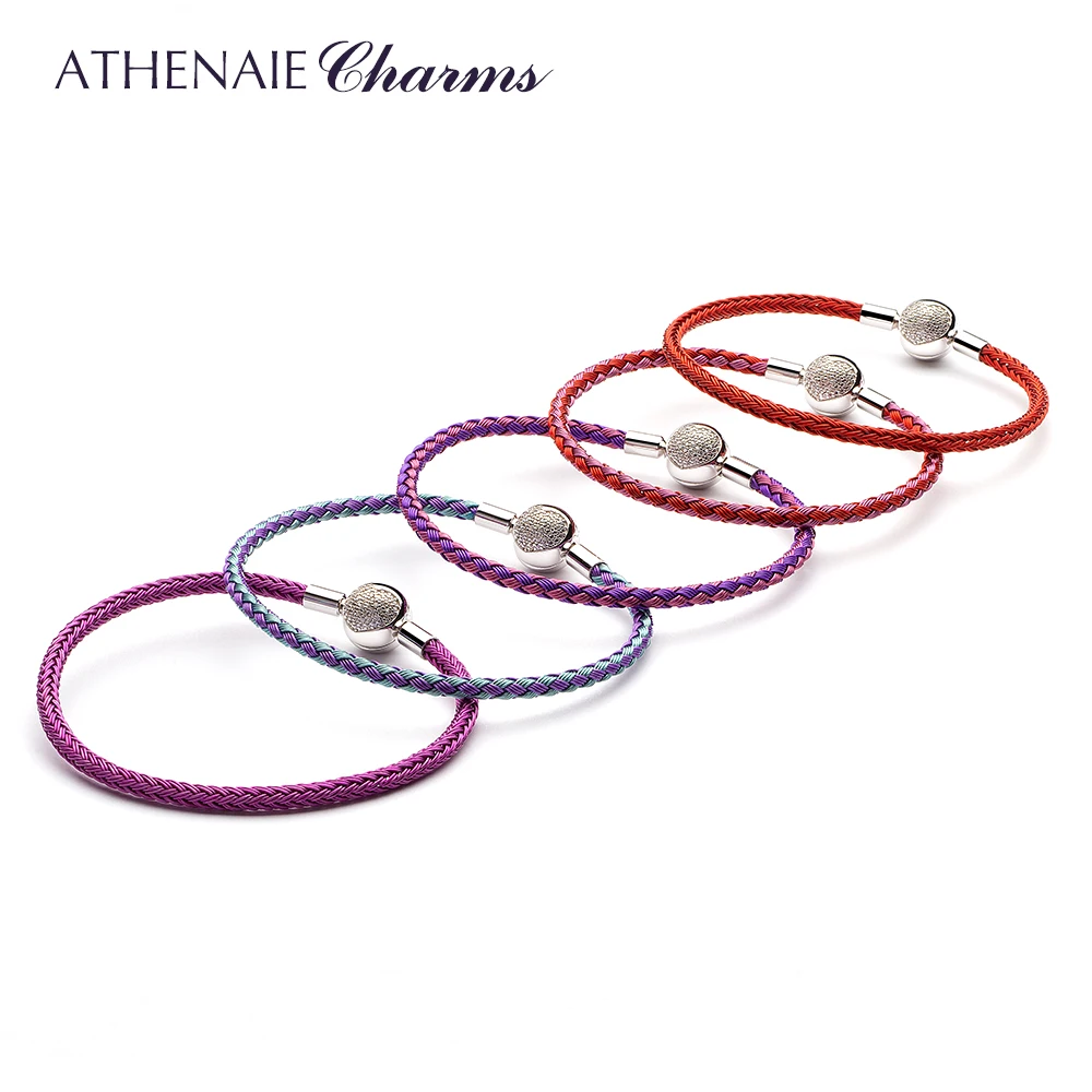 ATHENAIE Colorful Wire Charm Bracelet with 925 Sterling Silver CZ Love Heart Clasp for Women Fit Charms Beads DIY Gift Red bangle bracelet