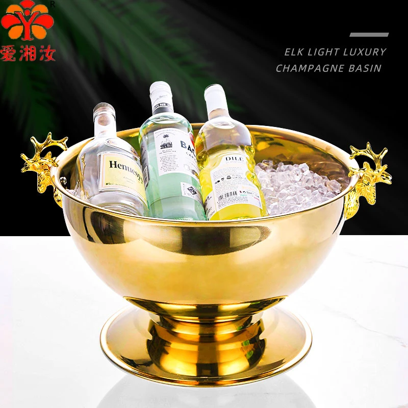 Elk Head Handle 13.5L Stainless Steel Ice Bucket Silver Gold Champagne Basin Beer Wine Cooler Whisky Party Bar Accessory