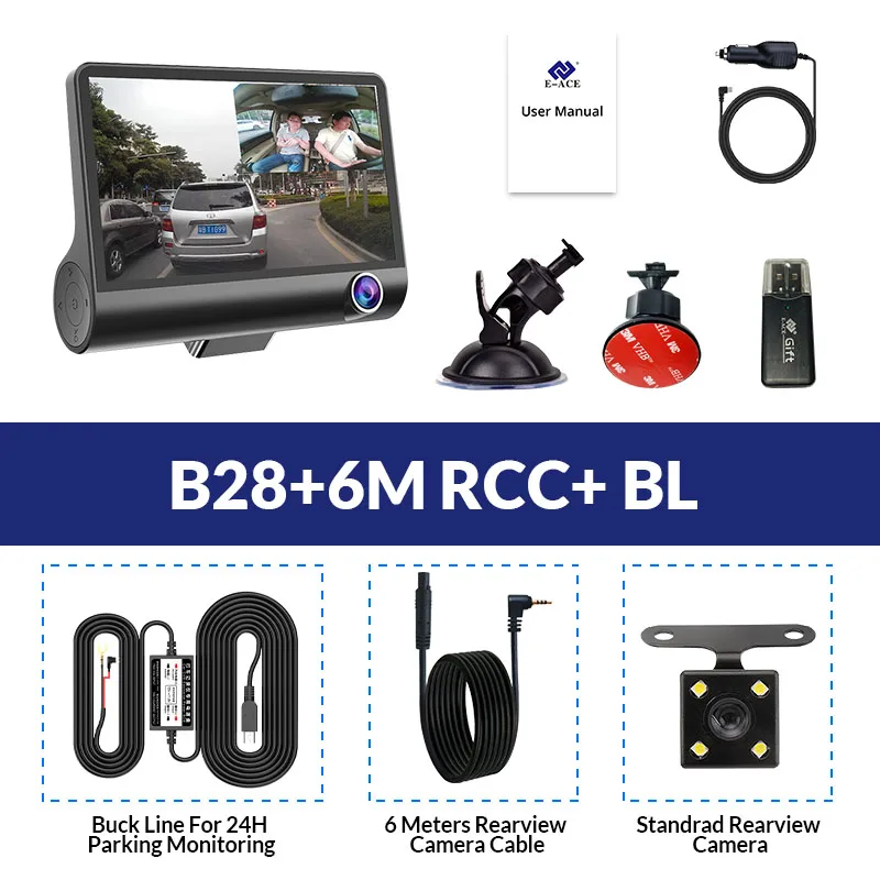 B28-6M RCC-BL E-ACE Dashcam B28 DVR 4,0 дюймов Автомобильная камера 1080P Авто рекордер FHD видеорегистратор ночного видения автомобильные видеорегистраторы 3 объектива камеры видео регистратор - Название цвета: B28-6M RCC-BL