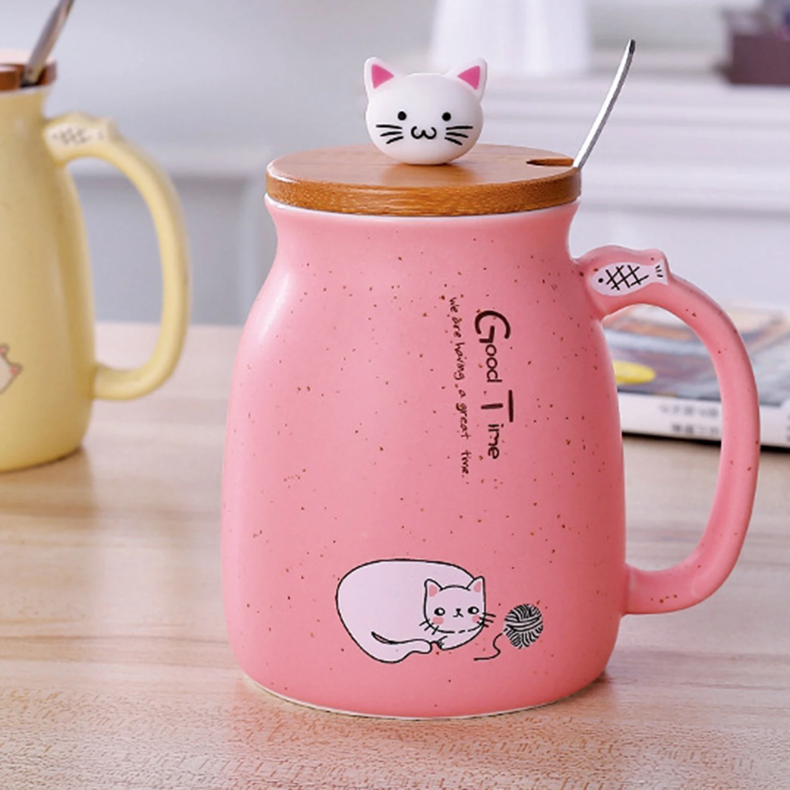 Cute Cat Ceramic Cup Hot Cold Tea Cup Milk Coffee Mug with Spoon Lid Pink