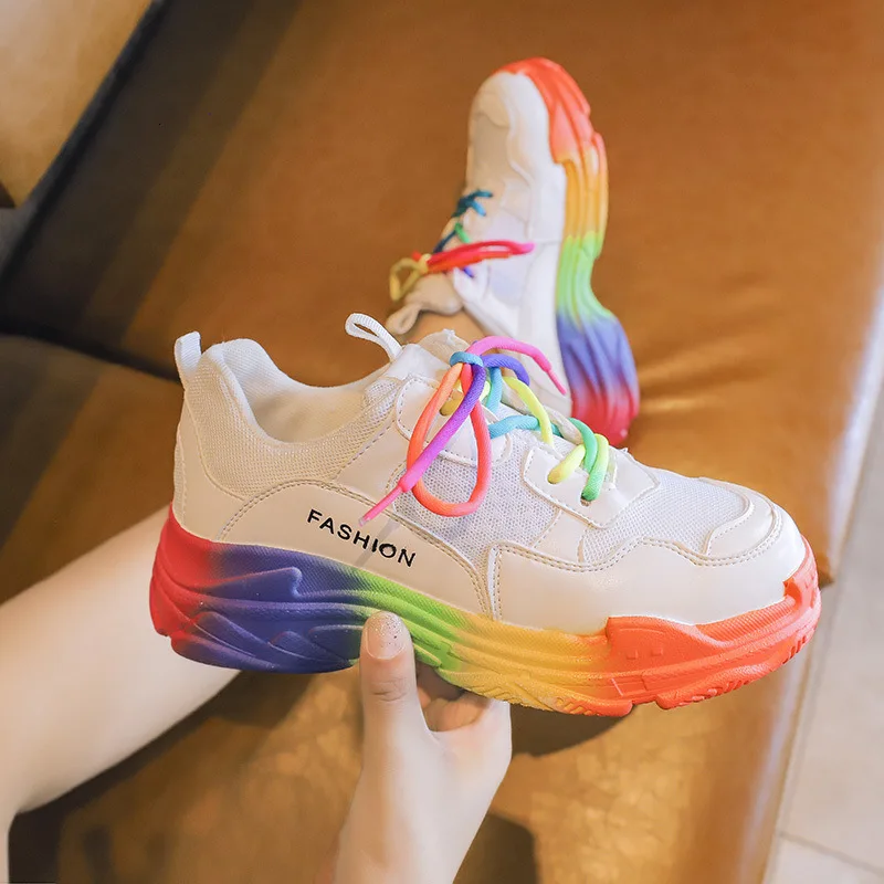 

Comfy Breathable Mesh Trainers Chunky Heels Rainbow Women's Platform Sneakers Women Shoes Casual Female White Shoes For Woman 2