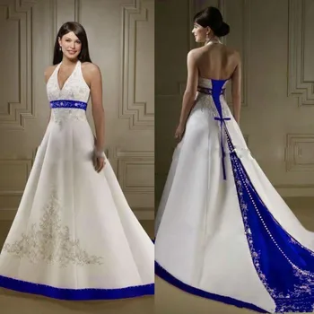 

Vintage White and Royal Blue Stain Wedding Dresses 2020 Halter Neck Court Lace Embroidery Beaded Lace-up Corset Bride Gown