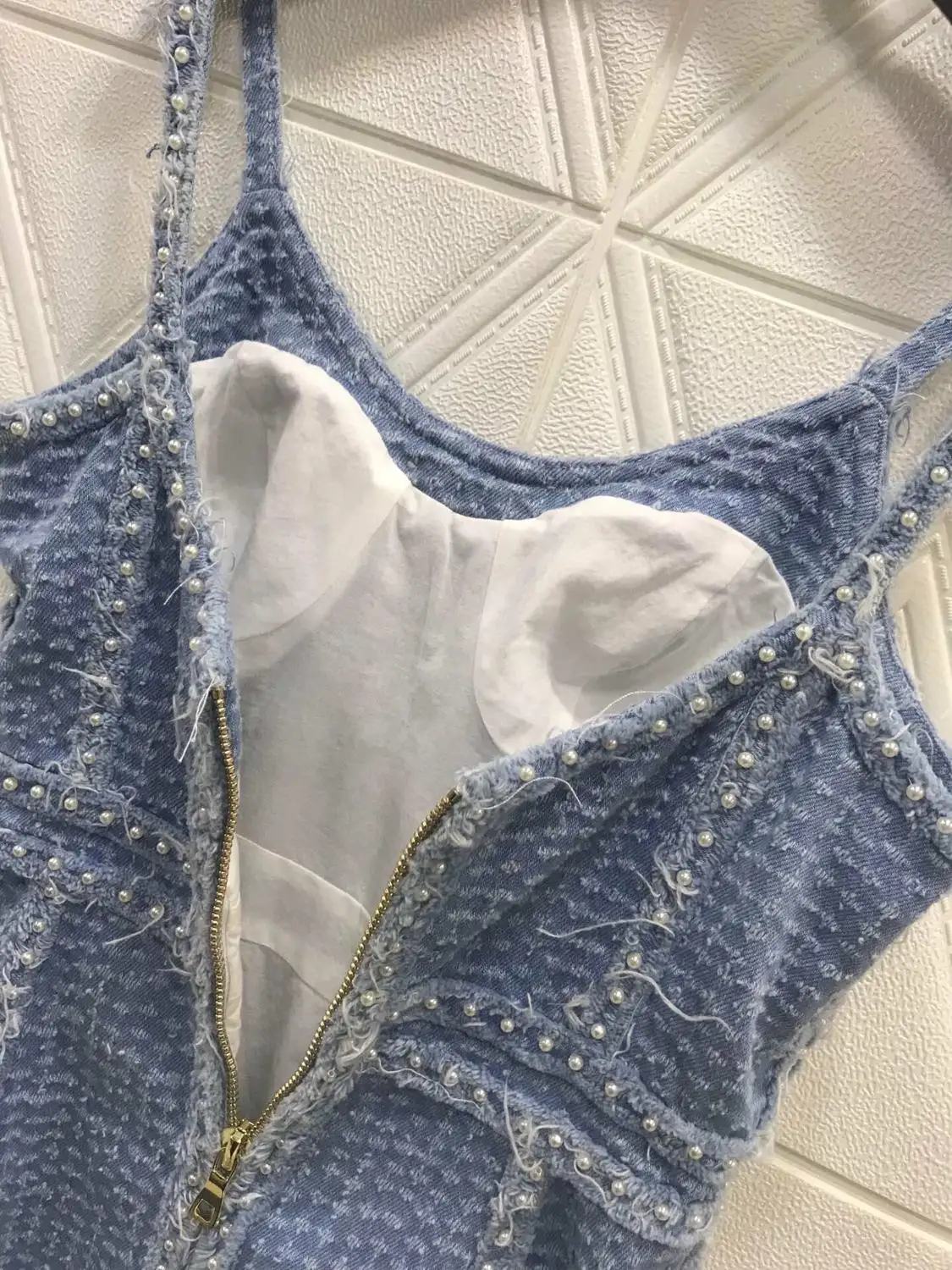 Высокое качество 2019FW женский ремешок из жемчуга женское джинсовое платье сексуальное платье без рукавов ddxgz2