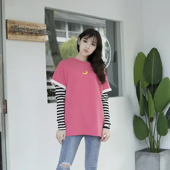 

Spring Plus Size Women T-shirts Fashion Loose Long Sleeve Tops Female Clothing False two pieces thin Hoody Q1035