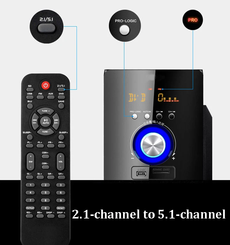 5.1 Channel Home Theater TV Speaker System, Bluetooth-compatibleUSBSDFM Radio Remote ，Subwoofer Wood Audio Speakers