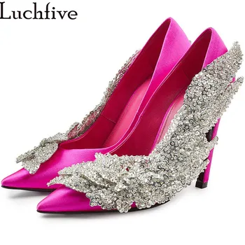

Elegant Women high Heels Shoes Leaf Sequined Beads Designer Stiletto Party shoes Satin Pointed toe Wedding Shoes woman