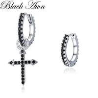 Orecchini a cerchio con croce di fidanzamento con spinello alla moda nero rotondo in argento Sterling 925 nero per gioielli da donna Bijoux I203
