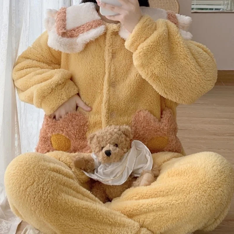

2020 Pajama Woman Winter Autumn Leisure All-match Plush Velvet Warmth Sleepwear Loose Cute Pajamas Home Service Two-piece Suit